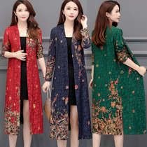 Spring and autumn jacket womens long over-the-knee ethnic style printed cardigan plus fat plus size outside with spring loose shawl