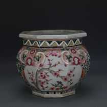 Daqing Guangxu hand-painted pastel flowers and birds pattern eight square porcelain tank home collection antique porcelain antique collection ornaments