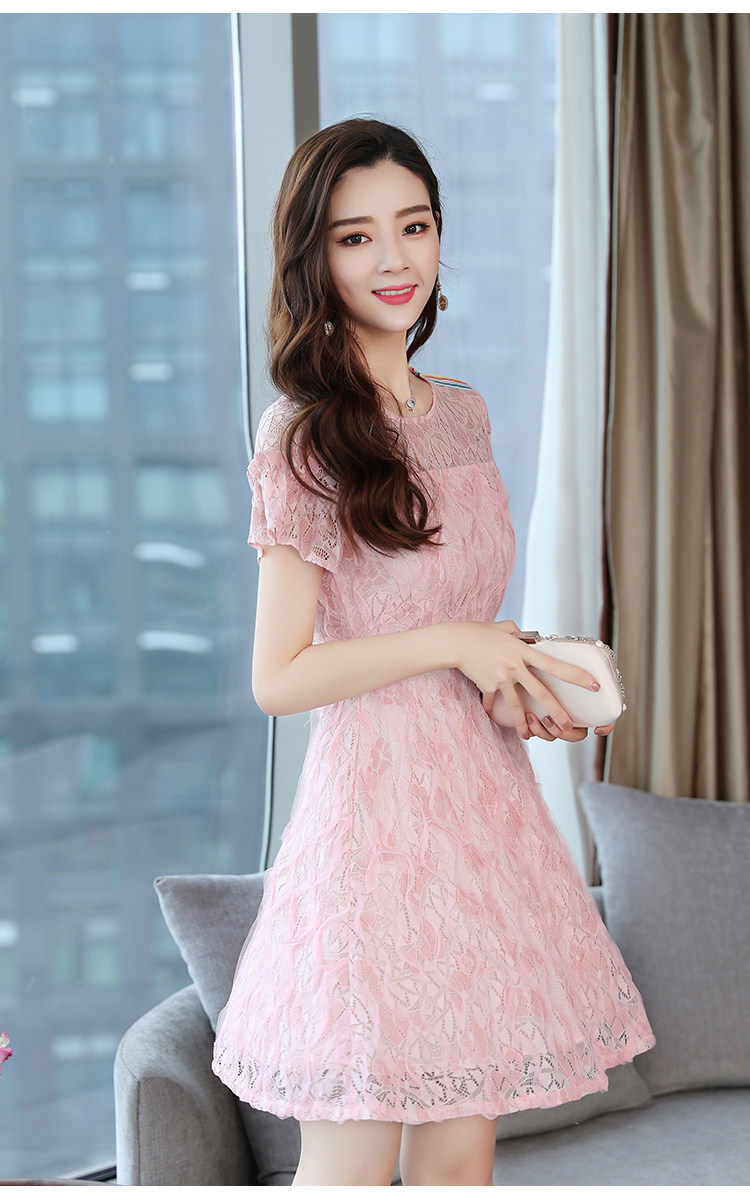 实拍9656#新款女装蕾丝连衣裙复古修身短袖夏季裙子时尚圆领a字裙_货