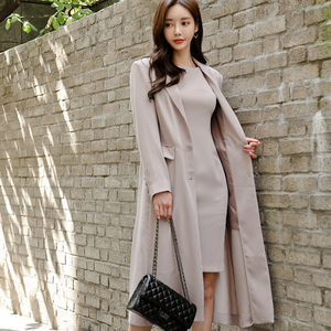 Collar single breasted long coat dress two piece suit