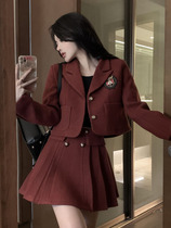 Two-piece student with a short coat temperament high waist pleated skirt and half-skirt for the wind badge of the College of Retro