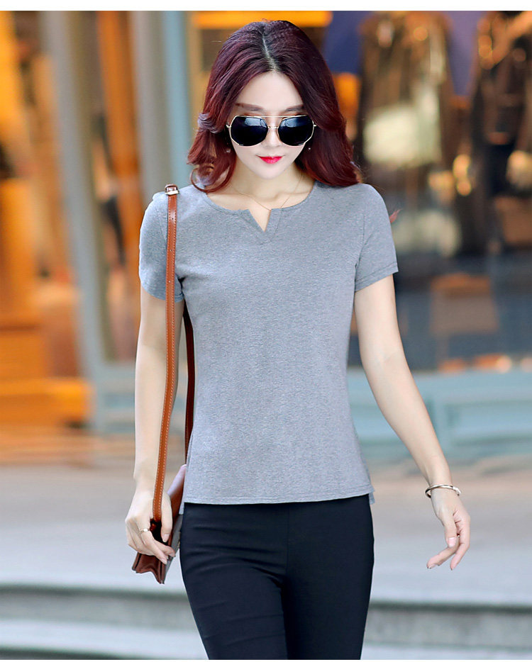 2019新款韩版纯色夏季女装短袖t恤女士简约宽松v领打底衫百搭体恤