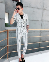 Work clothes mens stripes Korean version of seven-point sleeve suit a set of trend double-row slim small feet ankle-length pants suit