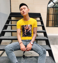 Boy shirt short sleeve tight-fitting new personality character print T-shirt spirit trend handsome small size tight half sleeve