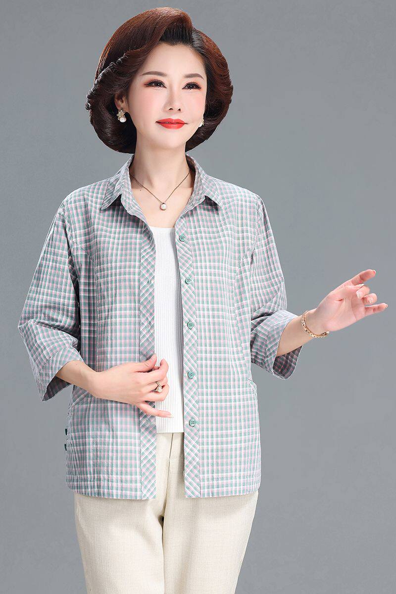 妈妈衬衫纯棉格子气质中年夏装洋气中老年女减龄时尚休闲春秋衬衣