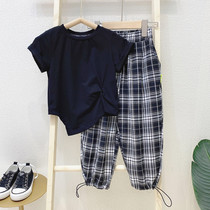 Childrens clothing girls Black T-shirt plaids suit 2021 summer new children Korean two-piece foreign style thin