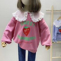 Childrens clothing 2021 Spring and Autumn new girl clothes thin cartoon Korean version of foreign style strawberry childrens doll collar top