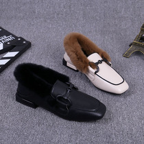 Broken Yard Clear Cabin No Back to square head Flat bottom genuine leather Rabbit Fur Gush Nillen Wind Casual Woolen Shoes Cotton Ladle Shoes