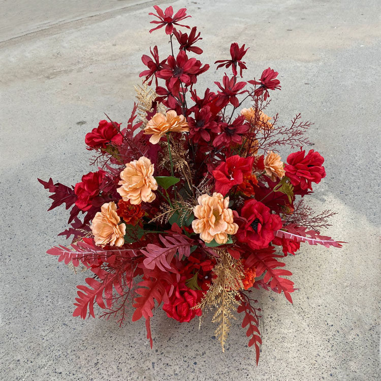 新款中式红色婚礼背景装饰仿真花艺婚庆地排花迎宾区花排挂花盆花