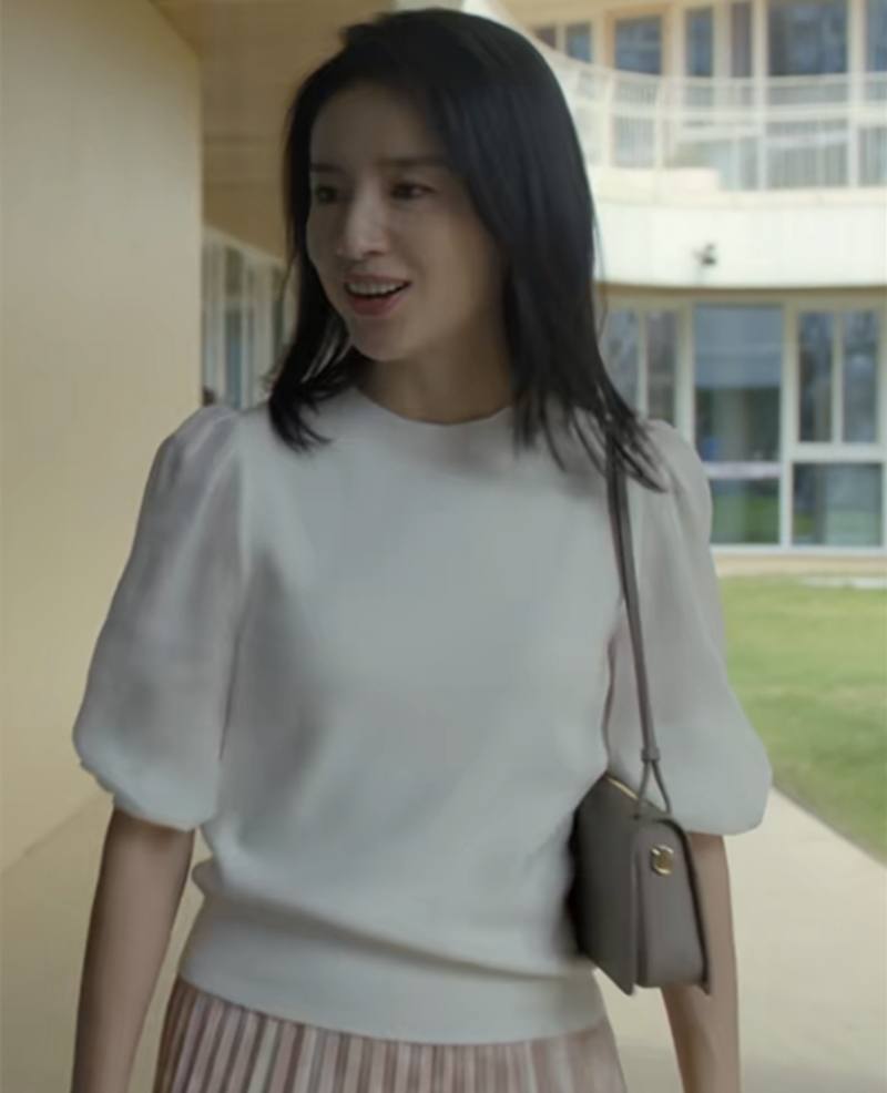 加油妈妈何晓涵董洁同款白色圆领灯笼袖针织衫收腰显瘦短袖 - 17网