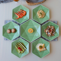 Longquan celadon creative plate household dish Diamond platter hexagonal flat plate table table dish bone plate ceramic Hotel