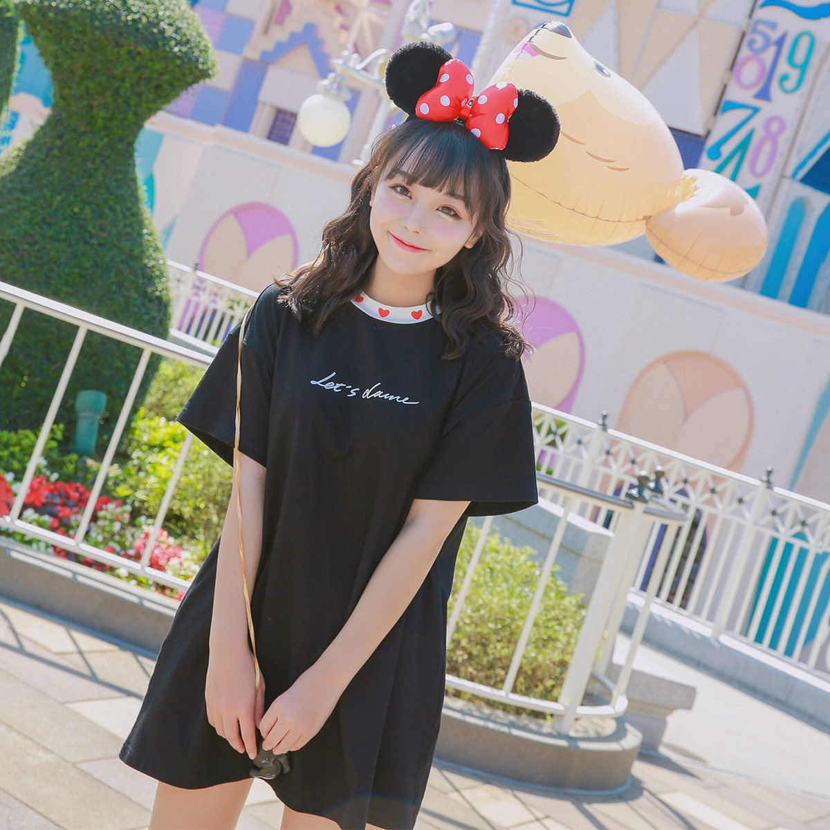 宋黛conybabe 日系学生少女短袖宽松爱心领撞色字母印花中长款t恤_不