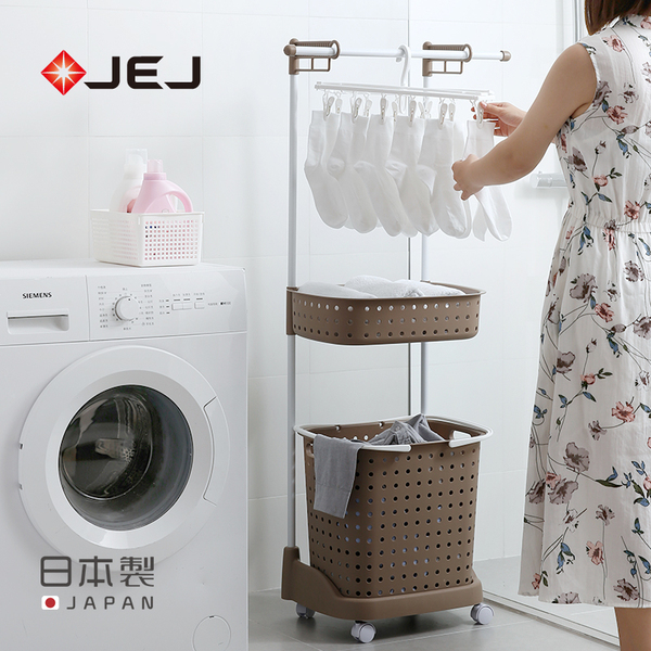 JEJ日本进口分类脏衣篮带挂杆可移动塑料洗衣篮浴室脏衣物收纳...