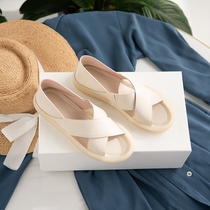 Seven step forest purple bag with open toe head layer cowhide soft leather flat comfortable spot