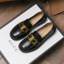 Seven steps Forest forest spring and autumn new real cowhide metal buckle lofu shoes children plus velvet shoes flat single shoes Wild