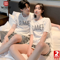 2 sets of price lovers sleeping in summer pure cotton female short sleeve Korean version loose full cotton extractable wearing big code mens home suit suit