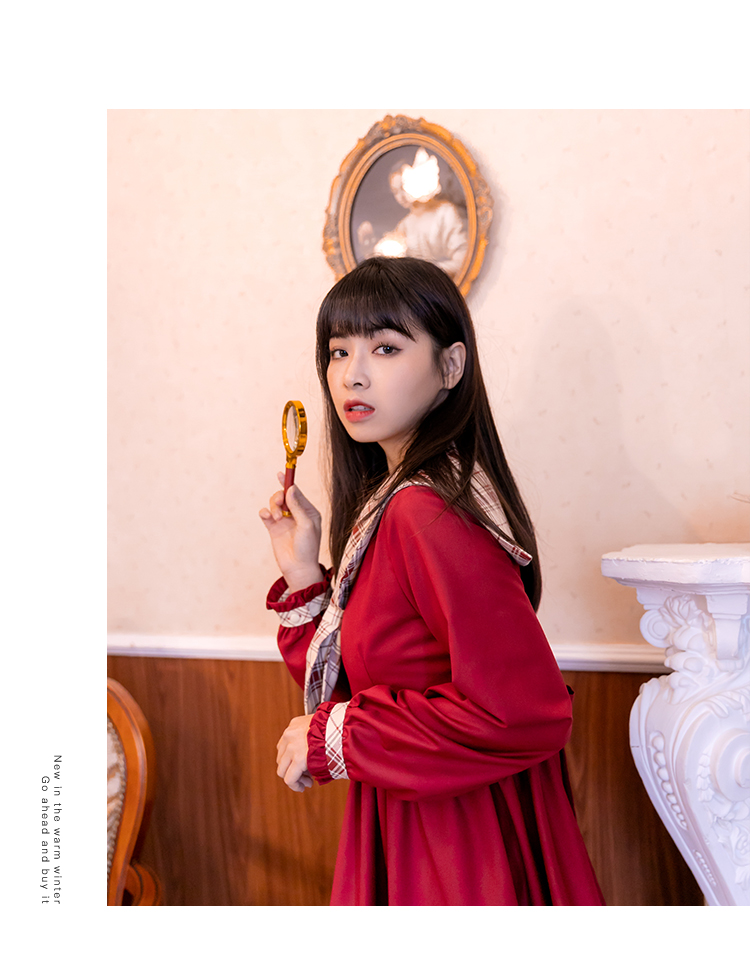 花崎鹿原创酒红色新年过年连衣裙日系甜美少女秋冬减龄