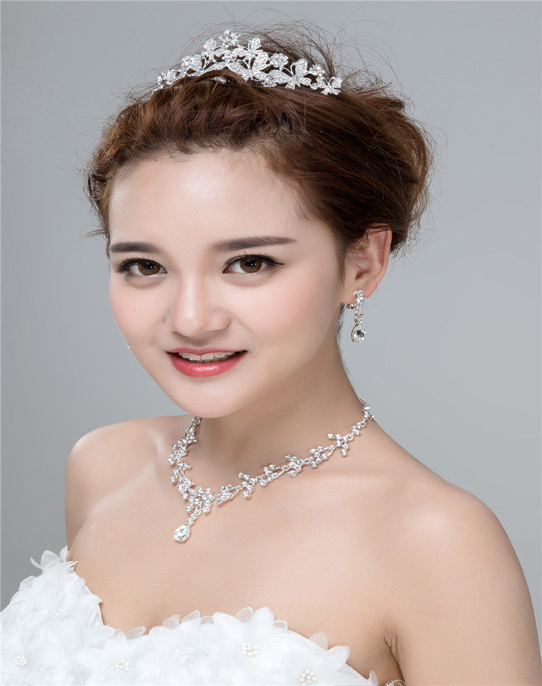 韩式新娘头饰三件套装皇冠水钻婚礼结婚首饰婚纱配饰项链耳环饰品_不