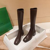 Stretch boots thin boots thick heel square head 2021 Winter new women long tube slim Knight boots fashion plus velvet leather