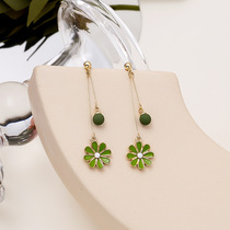 Japan-ROK Silver Needle Bull Oil Fruits Green Flowers Daisy Fresh Ear Anti-Allergy Nails Fashion long Flower Bean Bean Earrings
