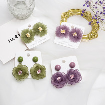925 Silver Needle Japanese and Korean Gentle Chiffon Lace Flower Earrings Fairy Flower Purple Avocado Green Petal Earrings
