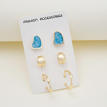 European and American lukewarm wind 3 pairs of minimalist earrings suit small gilded female type loving metal irregular dripping oil earrings
