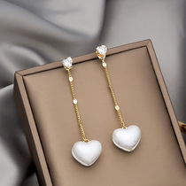 925 Silver Needle South Korea Peach Heart Pearl Flow Suearrings Personality Temperament Gold Plated Two Zircons Stones Long slim ear nail