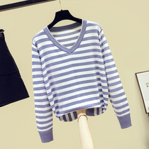 Large size womens clothing 2021 new autumn sweater mind top fat mm thin striped v-neck knitted bottoming shirt