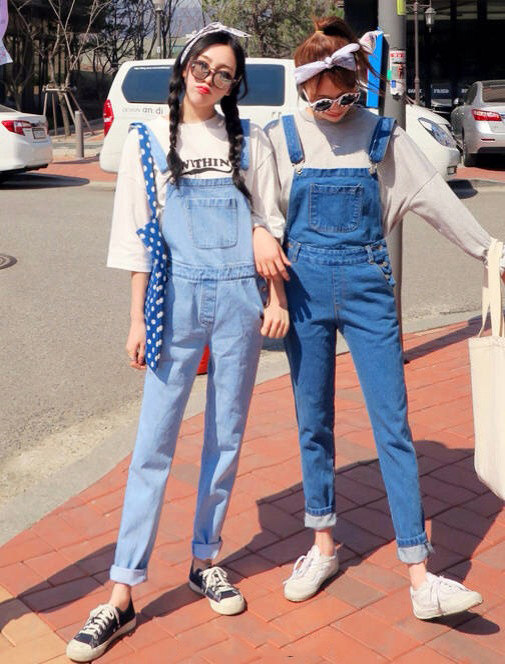 1590#韩版学院风学生闺蜜装水洗可爱大口袋牛仔背带裤连体裤