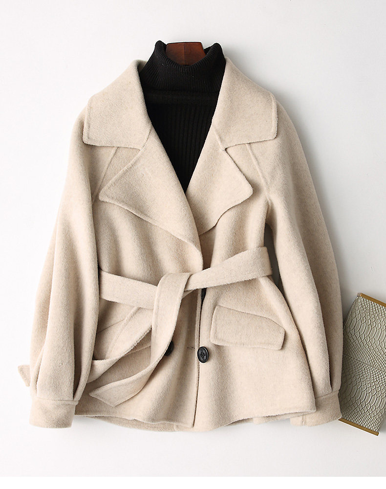 咔琦娜2018冬季新款羊毛呢子大衣 双面羊毛呢外套女修身系带短款