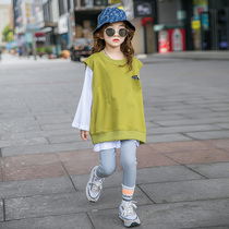 Girls sweatshirt 2021 new children Super Foreign Air loose fake two-piece pullover top girl long spring and autumn clothes