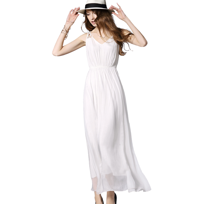 2018新款桑蚕丝白色长裙欧美V领收腰高档真丝