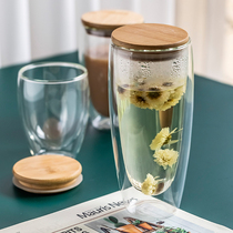 Creative insulated double-layer glass home cute water cup female bubble tea cup transparent juice coffee cup with lid