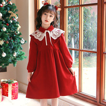 girl's Western style high-end princess dress autumn and winter red children's winter dress with thickened fleece 2022 new
