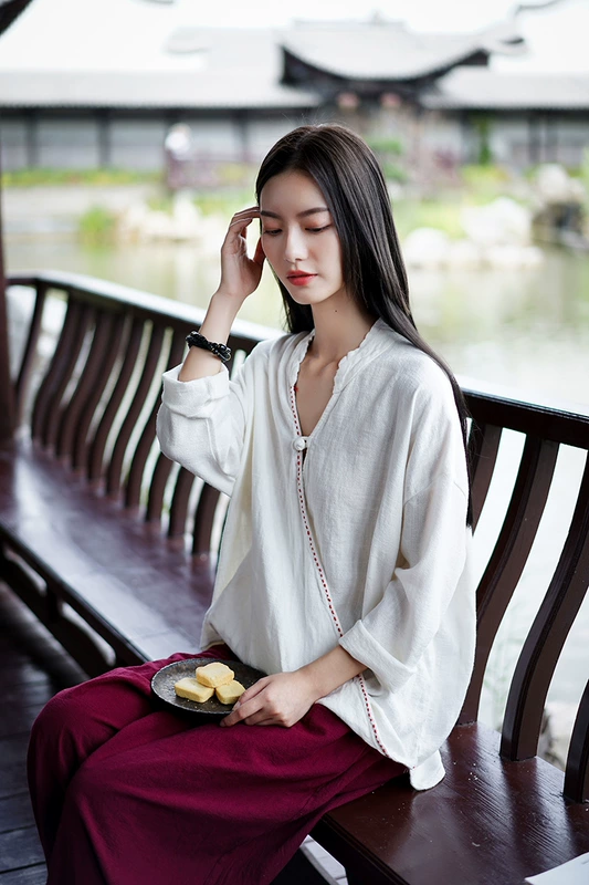 Quốc gia phong cách retro trà thiền quần áo cotton và vải lanh của phụ nữ áo nút đĩa Văn hóa truyền thống Trung Quốc Áo sơ mi vải lanh dài tay Phật giáo - Áo sơ mi dài tay
