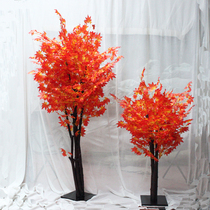 Simulation red maple Green Banyan tree floor simulation green plant fake tree Maple tree Living room hall decoration Maple leaf simulation flower