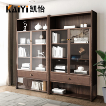 Full solid wood bookcase with door New Chinese style modern minimalist living-room office floor bookshelf glass door bookcase portfolio
