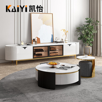Light luxury Rock board TV cabinet combination modern living room white small apartment creative balcony size round coffee table floor cabinet