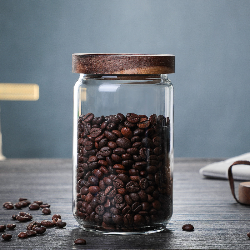 Japanese glass sealed jar of coffee bean storage tanks of household grain storage tank caddy fixings large acacia wood lid