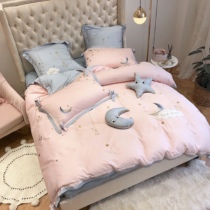 Pink cartoon 60s Egyptian plush cotton bedding Cotton princess wind bow star embroidery fitted sheet four-piece set