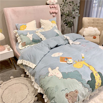 Winter coral velvet four-piece set of childrens cute cartoon giraffe quilt cover thickened double-sided milk velvet bedding