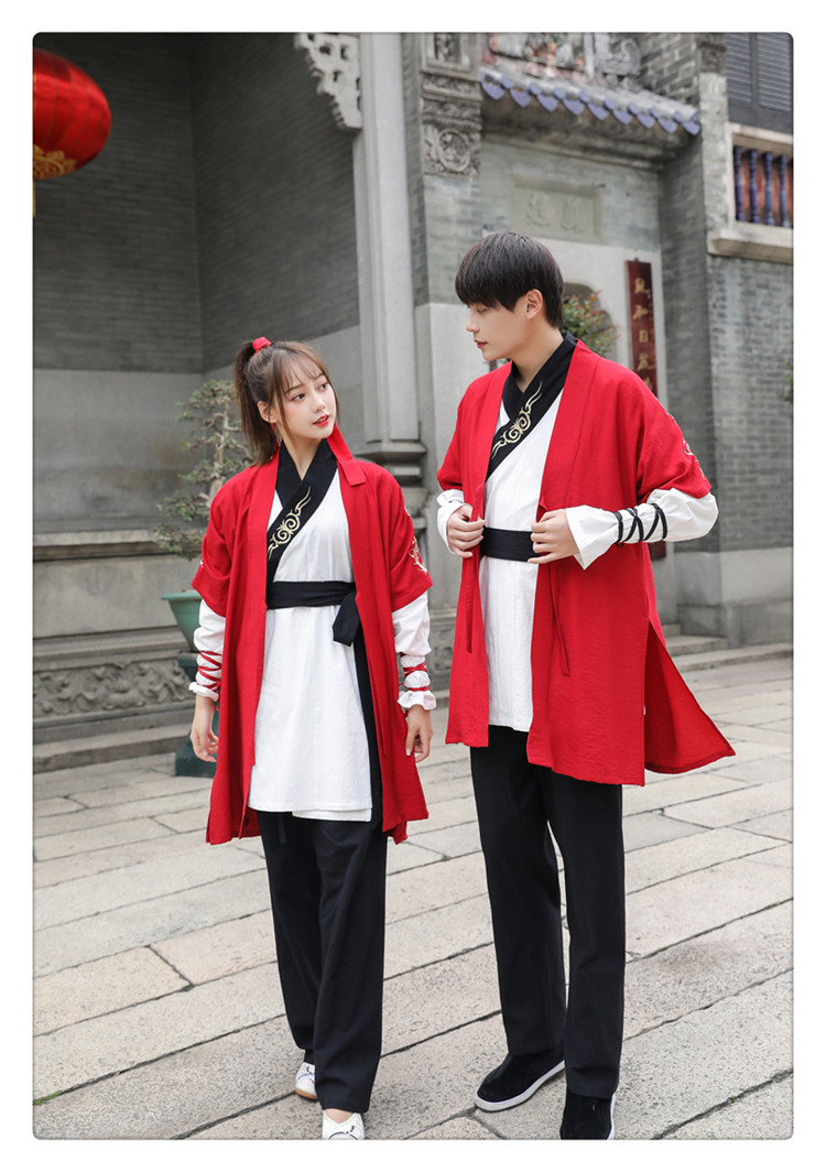 实拍6509古风汉服短打三件套装日常茶艺演出服男女同款汉元素裤子-雪