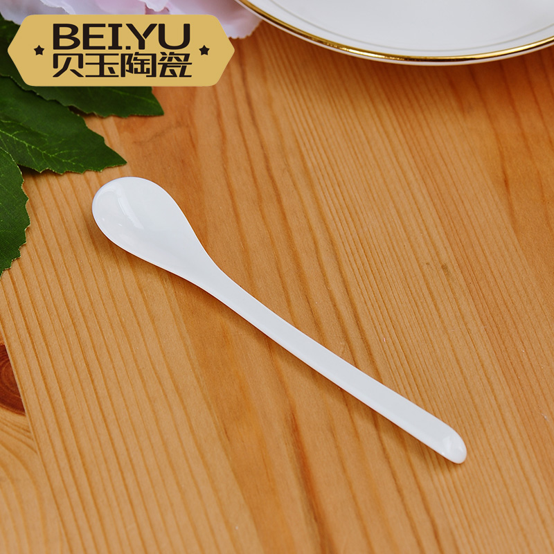 BeiYu pure white children eat small spoon, lovely long handle ceramic coffee spoon, European - style coffee spoon sauce mixing spoon