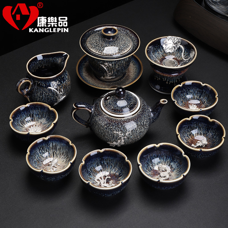 Recreational product jingdezhen obsidian variable temmoku built light tea set ceramic Mosaic of a complete set of 999 sterling silver teapot teacup