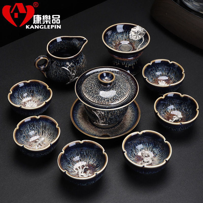 Recreational product jingdezhen obsidian variable temmoku built light tea set ceramic Mosaic of a complete set of 999 sterling silver teapot teacup