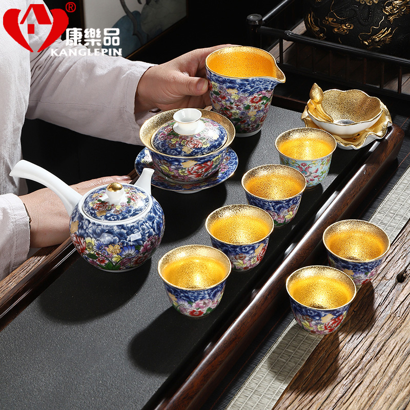 Recreational product gold colored enamel ceramic cups tea set a complete set of kung fu office gold box lid bowl