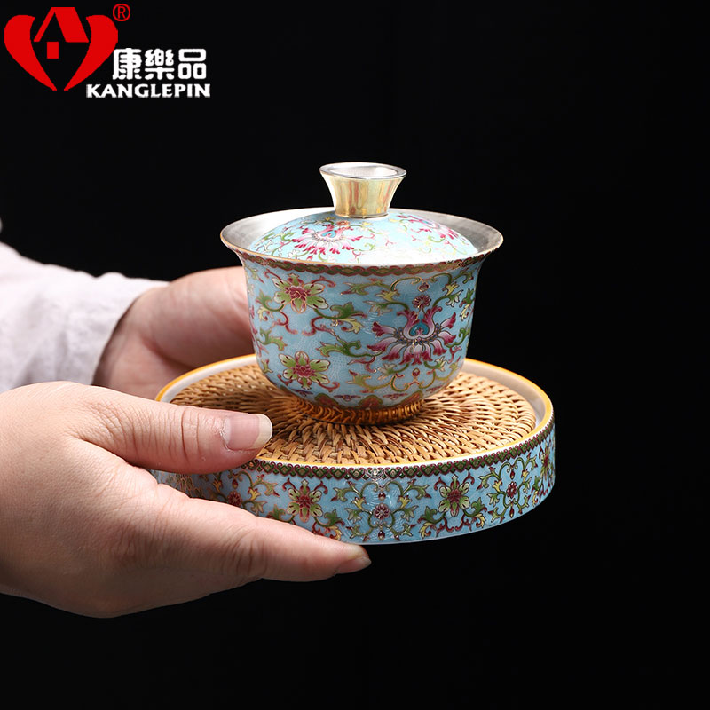 Recreational product silver clasp porcelain kung fu tea set colored enamel GaiWanCha wash as the bearing of a complete set of Chinese style household ceramics