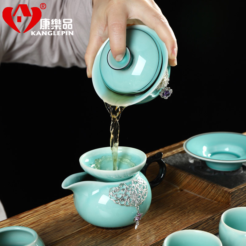 Recreation items with silver agate embedded ceramic tea set suit household kung fu tea sets the whole Chinese tea cups