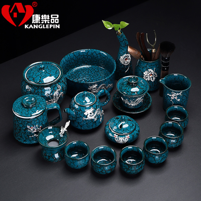 Recreation quality office building light tea suit household kung fu with silver longteng side put the pot of ceramic cups lid bowl