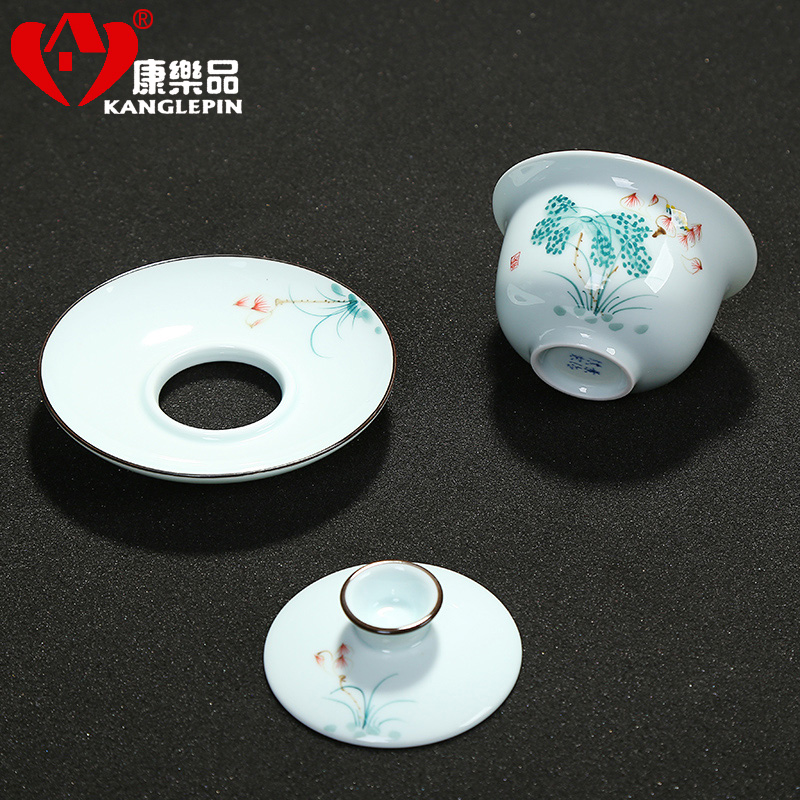 Recreational product ceramic tureen tea cups to use large kung fu tea set hand draw three bowl of tea celadon household